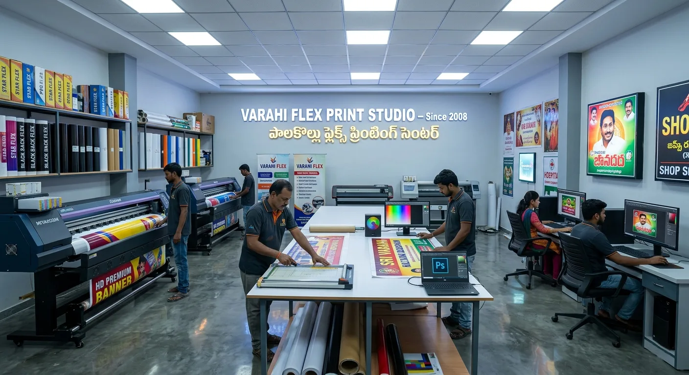 Varahi Flex Print Studio — flex banner printing Palakollu West Godavari — HD Premium, Star Flex, Black Back Flex printing shop since 2008