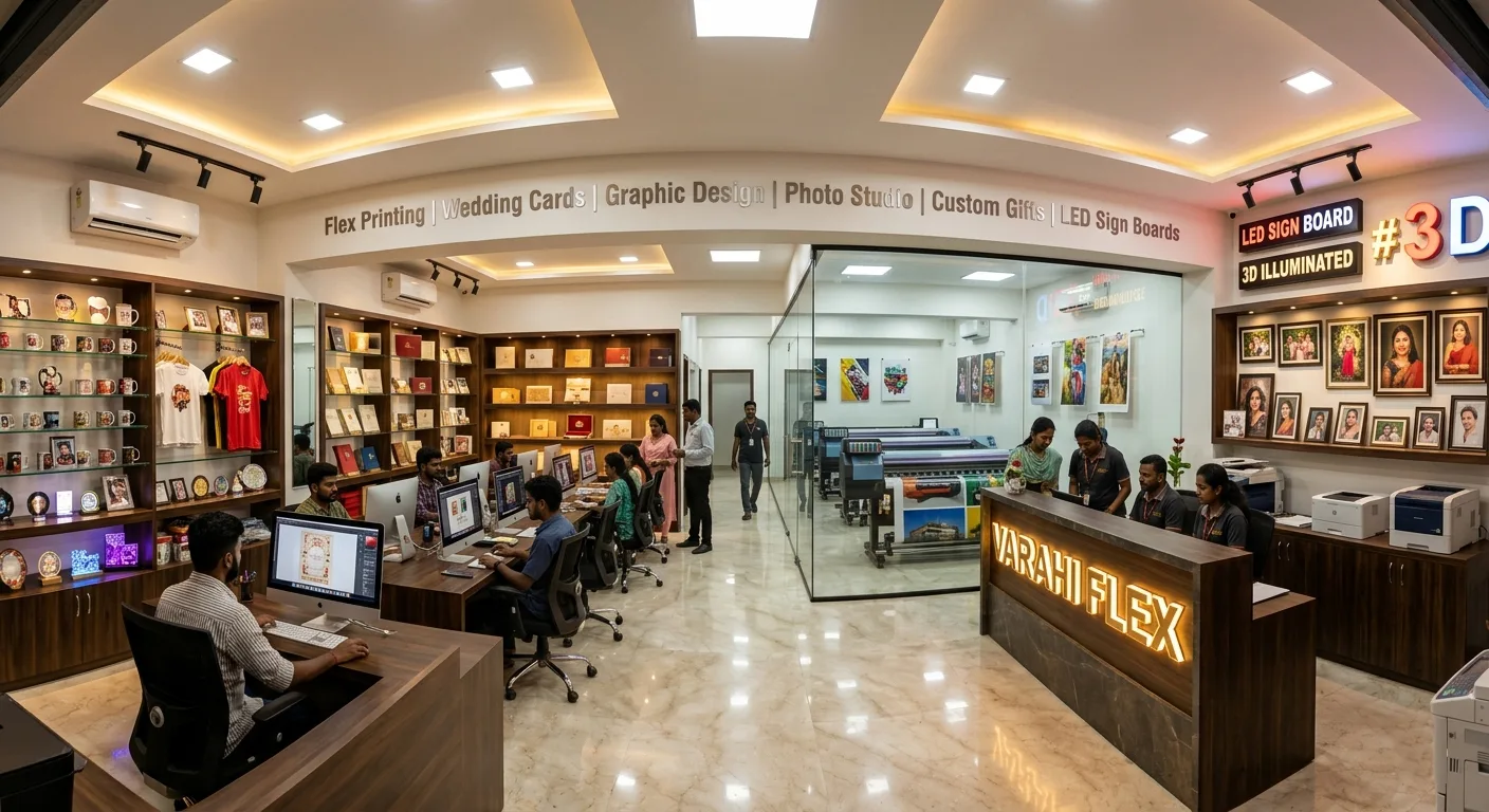 Varahi Flex store interior showing flex printing machines, wedding card display, custom gifts, LED sign boards, photo studio and design workstations in Palakollu, West Godavari